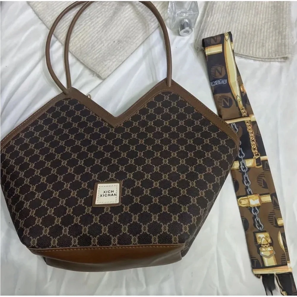 Classic Geometric Pattern Tote Purse Bag Trendy Shoulder Bag Brown Scarf Decor - Picture 2 of 9